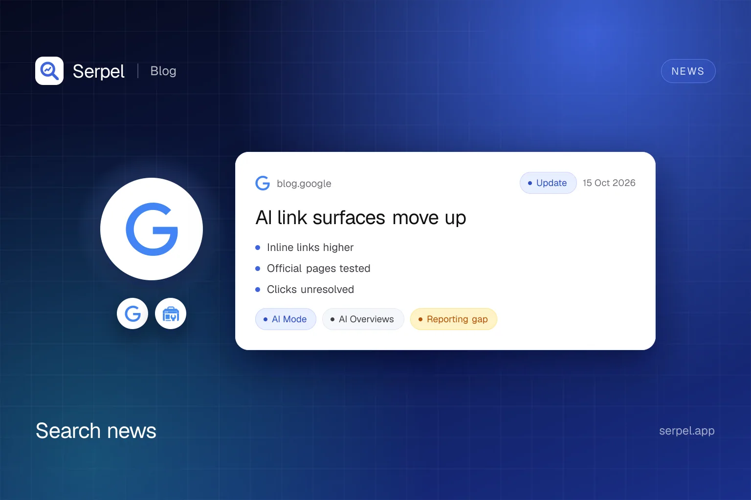 Serpel illustration: Google AI Mode and AI Overview cards showing source links moving higher while reporting remains marked as impressions.
