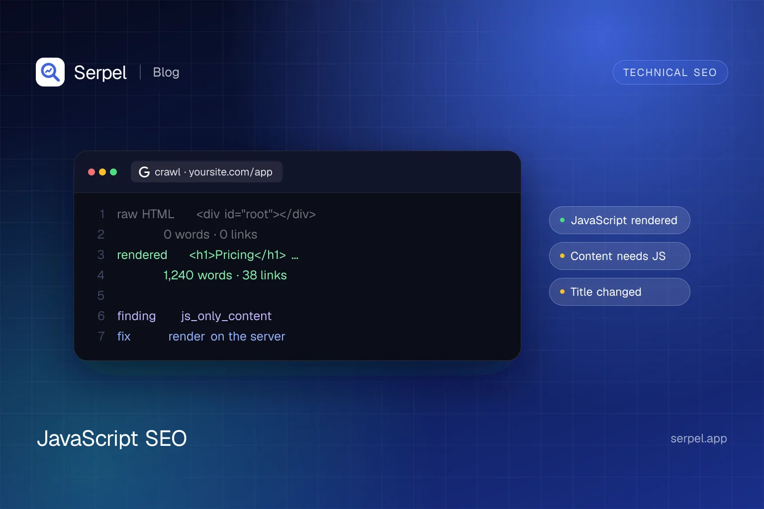 Serpel illustration: a crawl result that compares the raw HTML of a JavaScript page with the rendered page and shows the content only appears after rendering